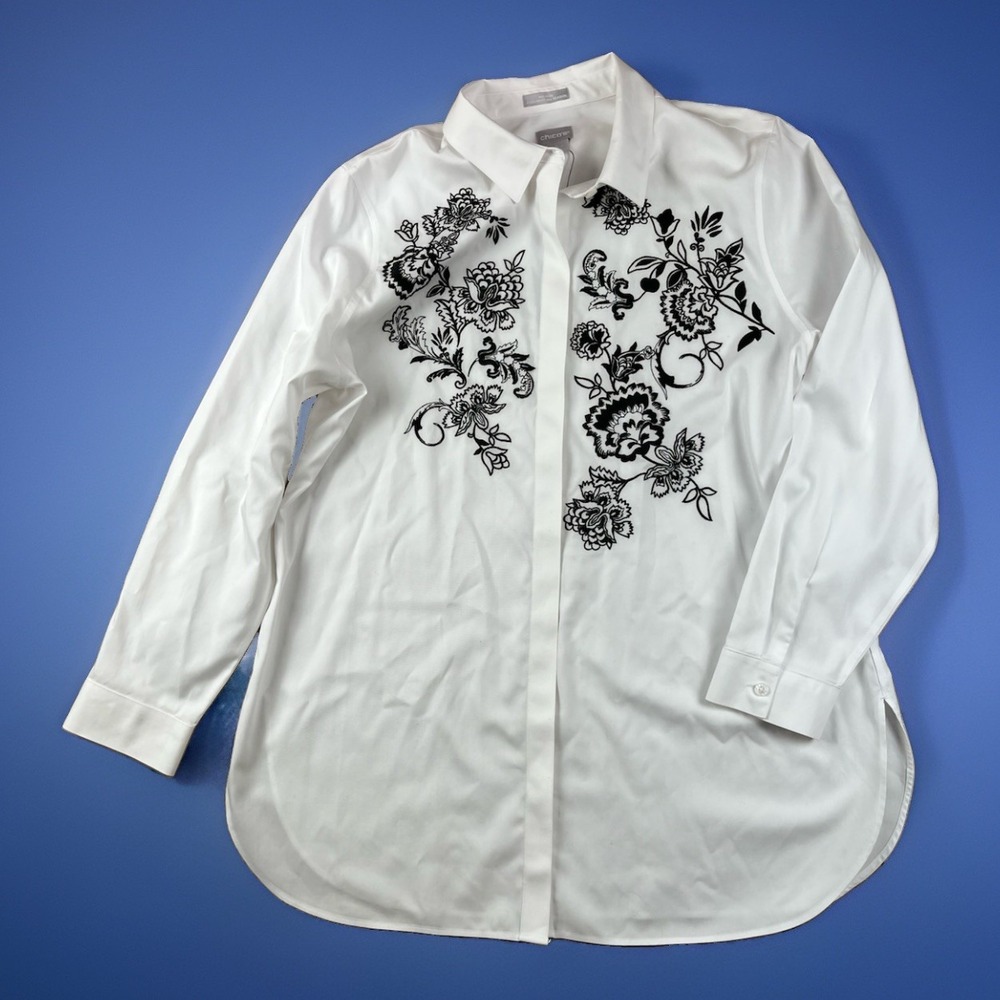 Chicos No Iron Shirt Size Large (2) White Button Down Black Floral Embroidery
